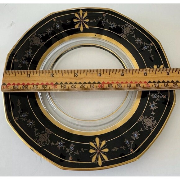 Vintage Glass Black Gold Rim Mayonnaise Compote Bowl Dish With Under Plate Set - Picture 6 of 8